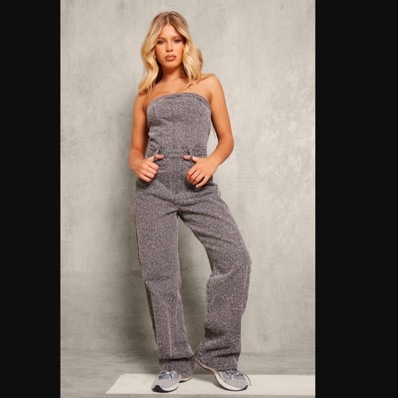 PrettyLittleThing Gray Bobble Straight Leg Corset Jumpsuit - Picture 1 of 10